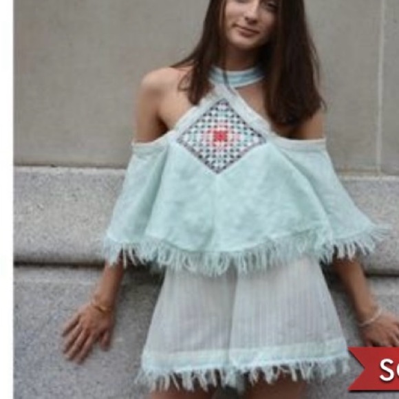 My Beachy Side Crochet Striped Halter Romper Teal - Picture 1 of 7